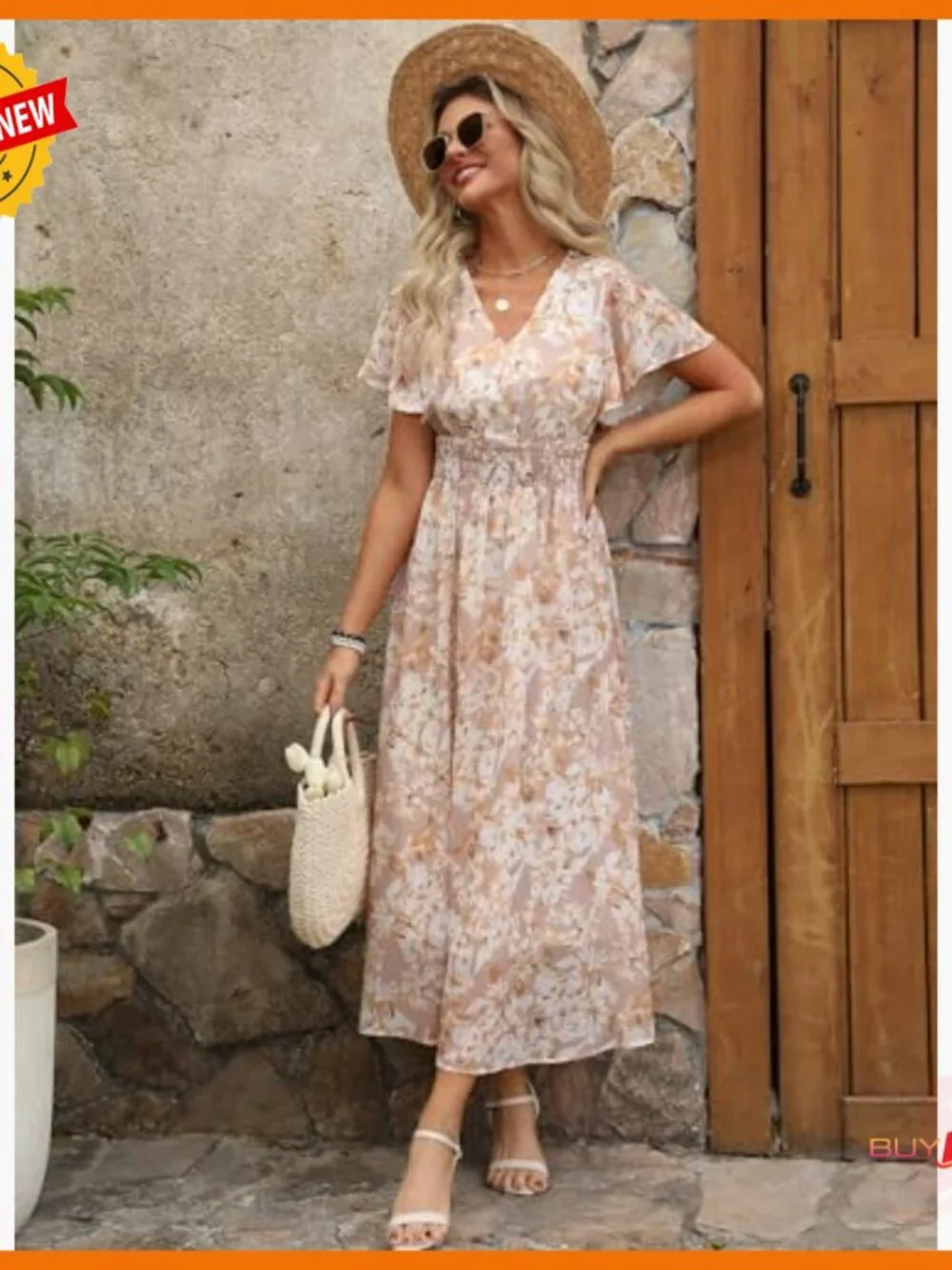 Summer Floral Maxi Dress V Neck Short Sleeve Chiffon Boho Beach Wedding Guest - Picture 5 of 7